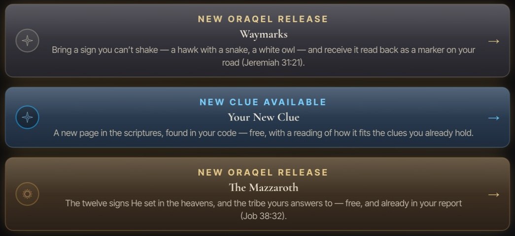 Three Oraqel Code release cards: Waymarks, Your New Clue, and The Mazzaroth